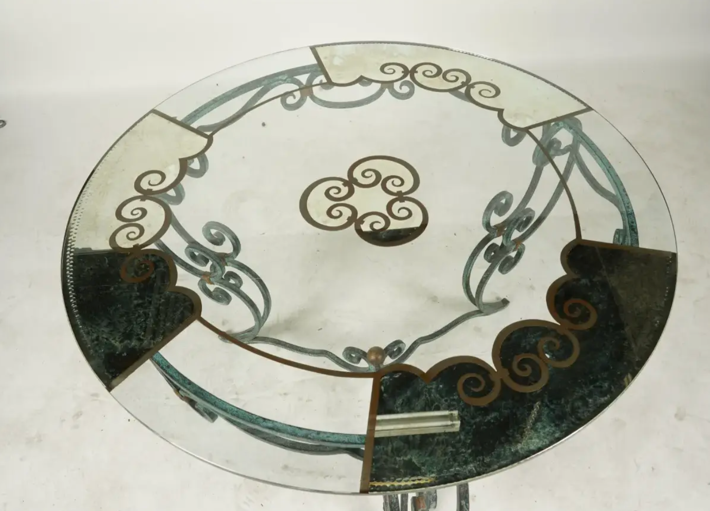 Verdigris, Glass + Mirrored Side Table With Gold Accents